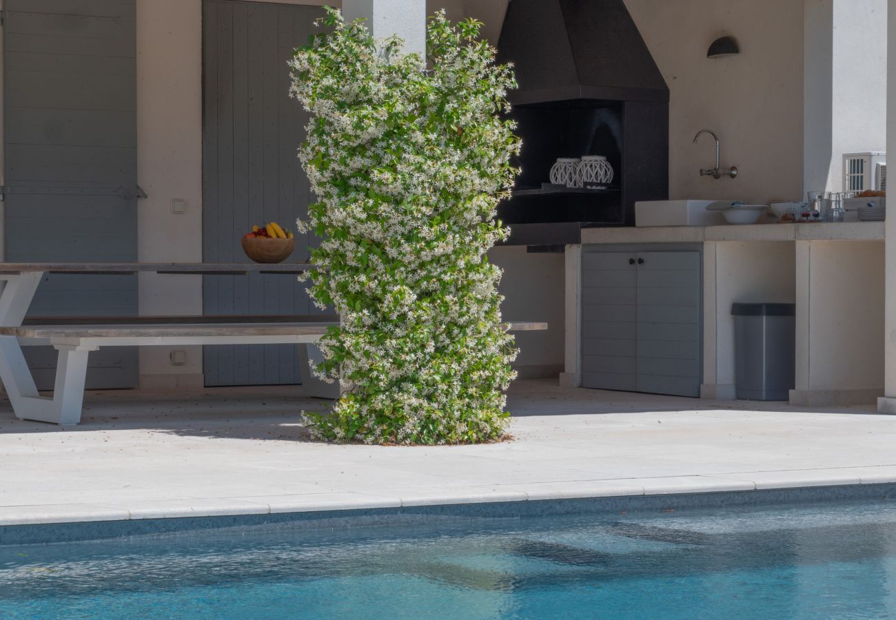 Prachtig zwembad met overdekt terras, eettafel, zomerkeuken en barbecue bij Villa Beaumont in Malaucène, Provence